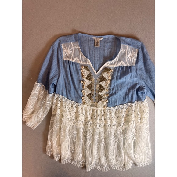 John + Mark Tops - John Mark Women Blue Lace Peplum Boho Top Cowrie Shell Beaded V-Neck L